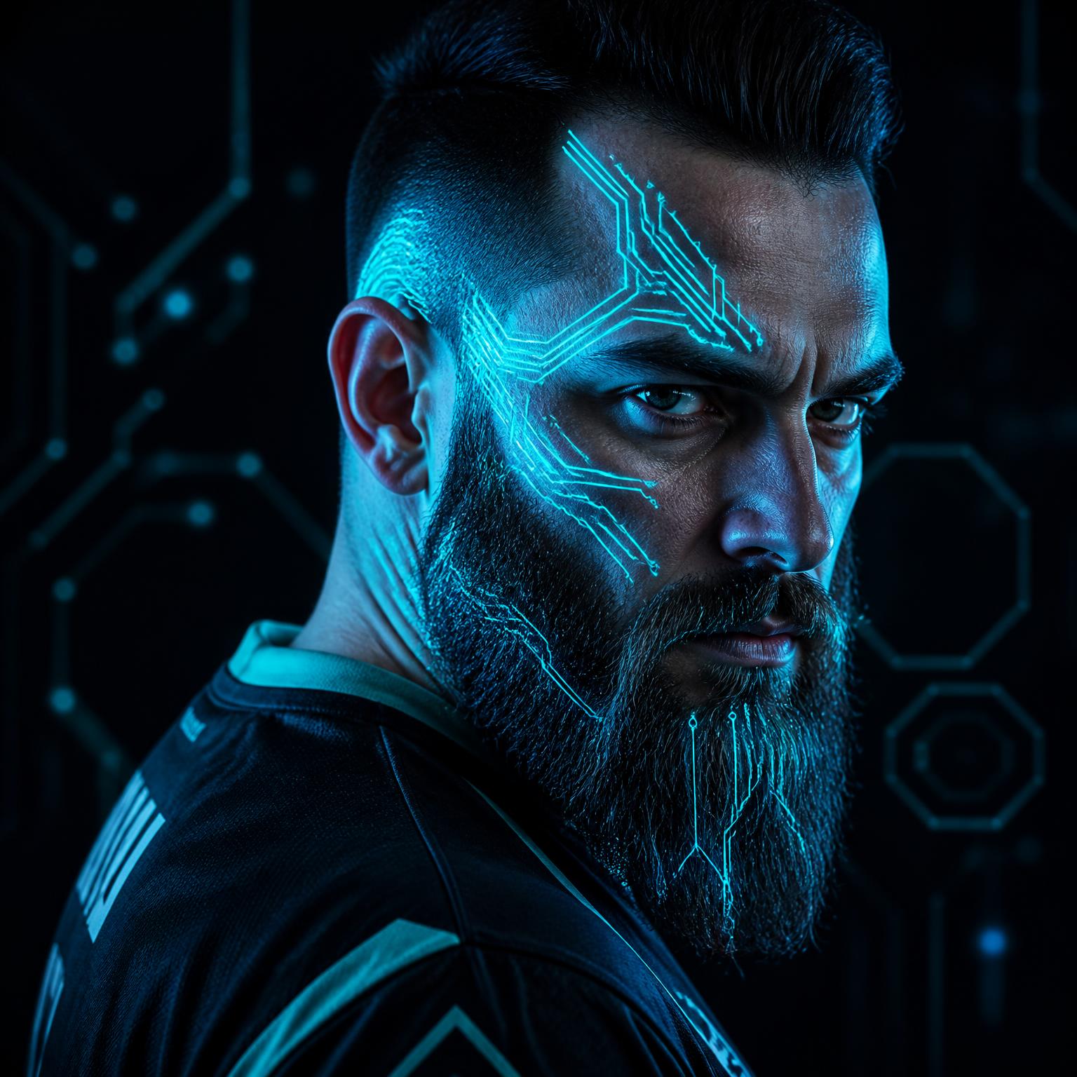 Gaming Guru — bearded guru with glowing circuit-board tattoos